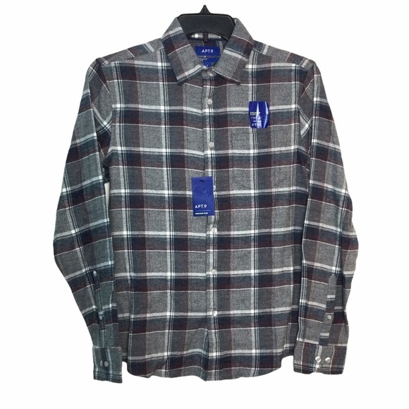 Men's Apt. 9 Small 34 - 36 Flannel Shirt Plaid Gray Blue Long Sleeve Stretch NWT - Picture 7 of 12